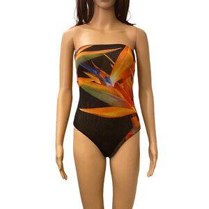 Zara Women’s Strapless Mesh Printed Thong Bodysuit Tube Top Flowers Size S NWT